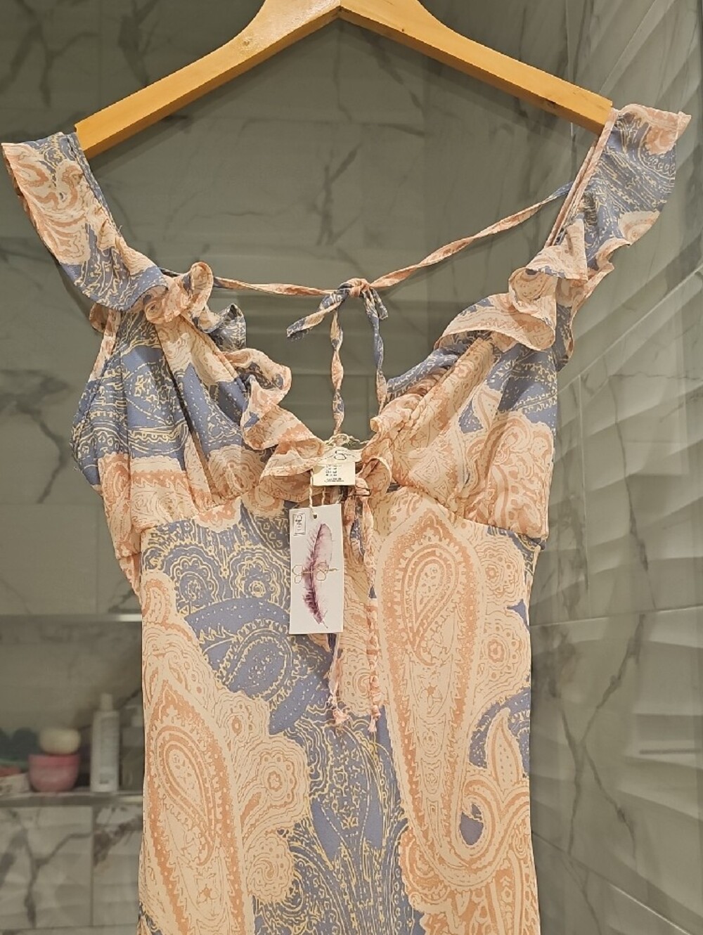 Jessica Simpson Beige and Blue Paisley Ruffle-Strap Maxi Dress - Picture 4 of 5
